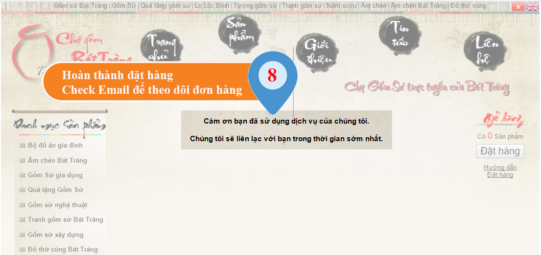 Hoàn tất thủ tục đặt hàng tại ChoGomBatTrang.vn